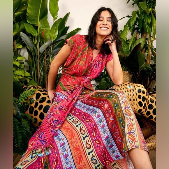 Farm Rio Colorful Floral Bandana Beaded Belt Waist Midi Dress size S - Picture 1 of 10